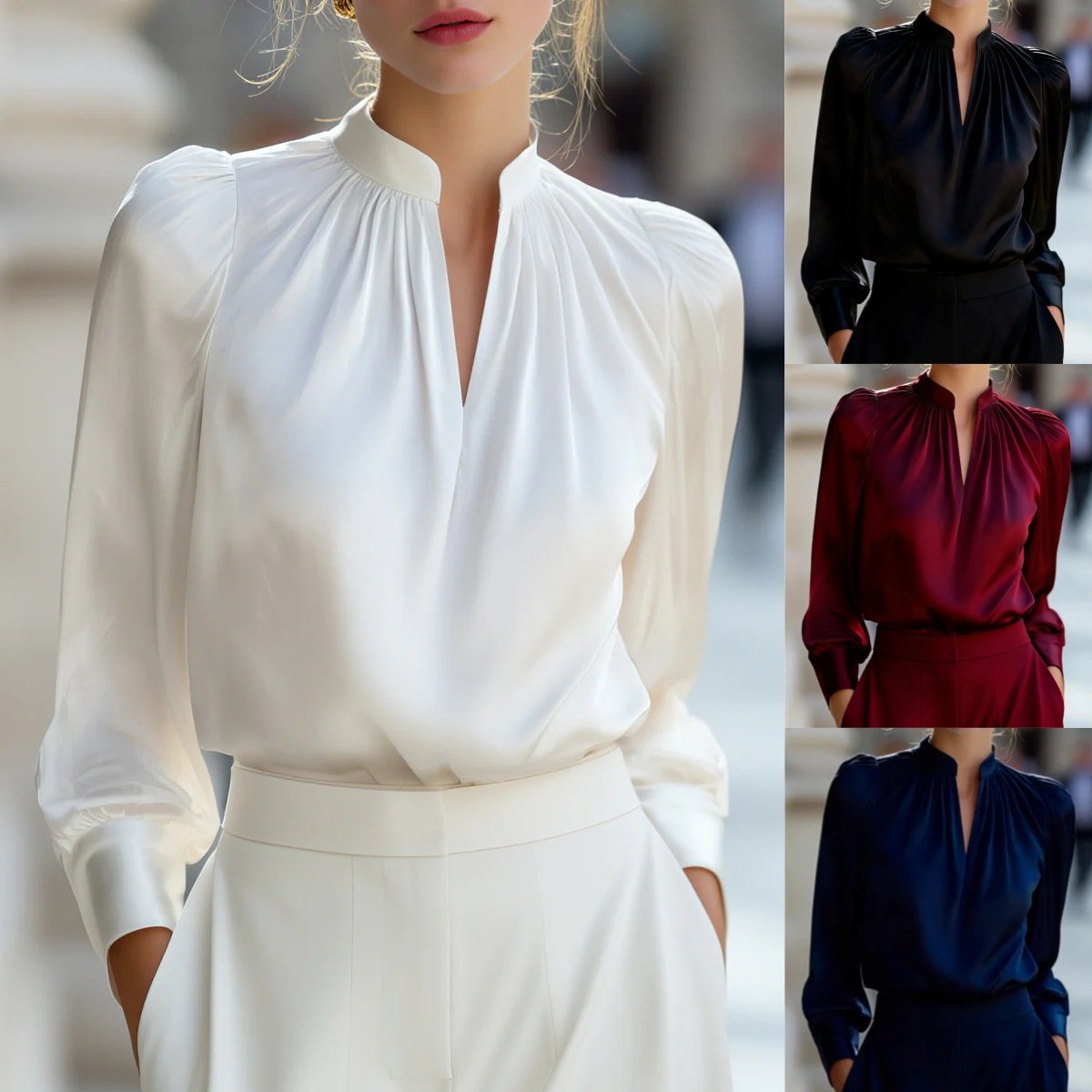 Elegant Satin Blouse with Puff Sleeves