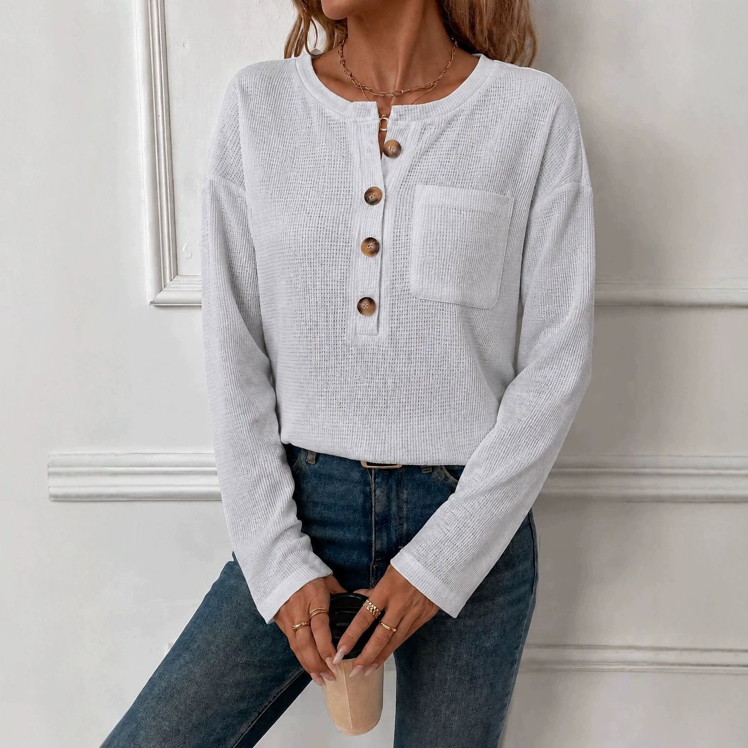 Cozy Long-Sleeve Waffle-Knit Top for Women