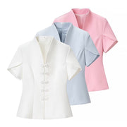 Chic Blouse with Mandarin Collar and Patchwork Details