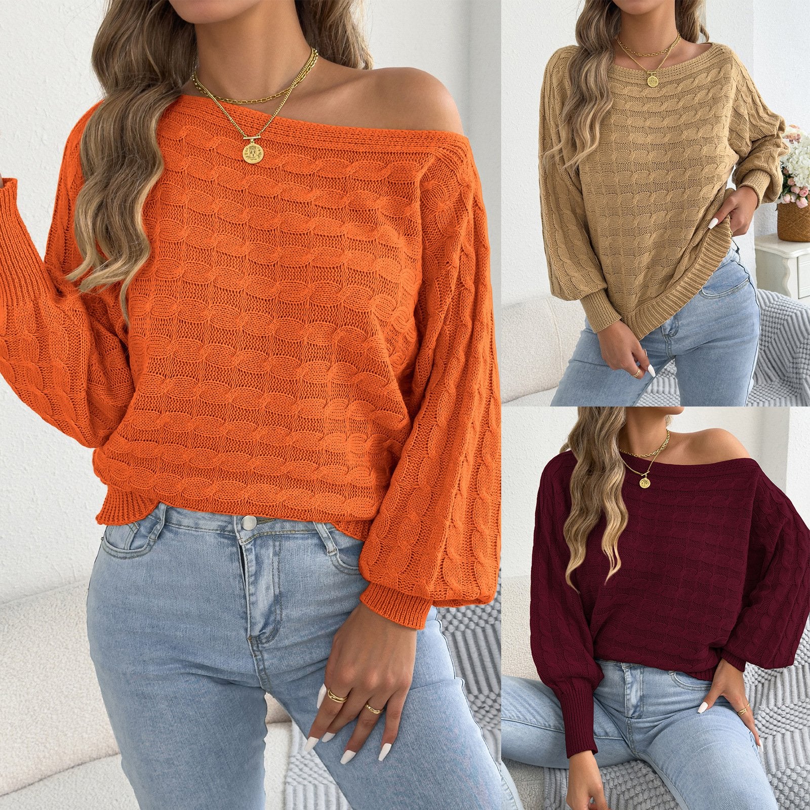 Casual Off-Shoulder Cable-Knit Sweater