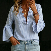 Fresh Striped Blouse with Ruffled Hem and Puff Sleeves