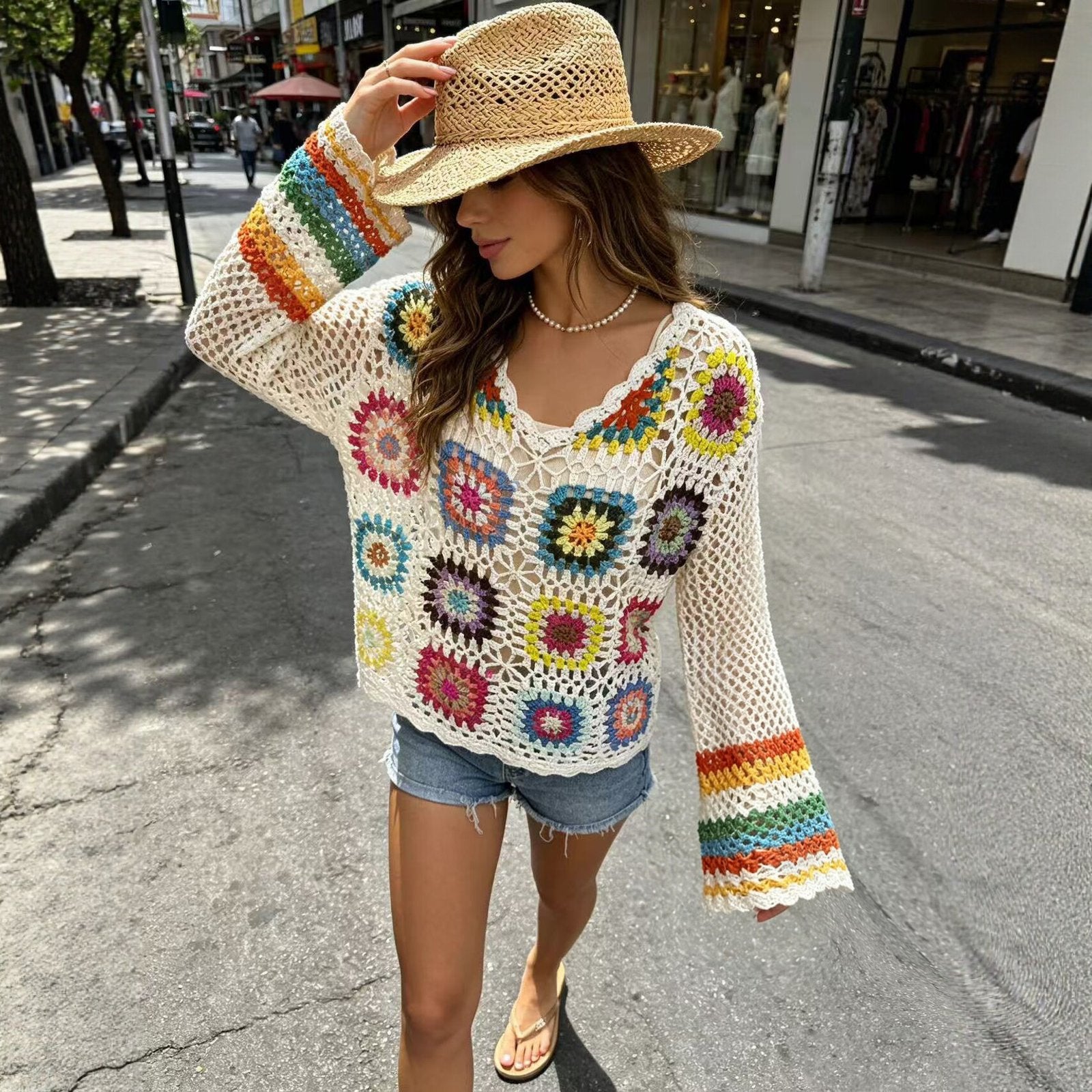 Floral Hollow-Out Long Sleeve Blouse for Women