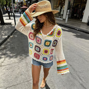 Floral Hollow-Out Long Sleeve Blouse for Women