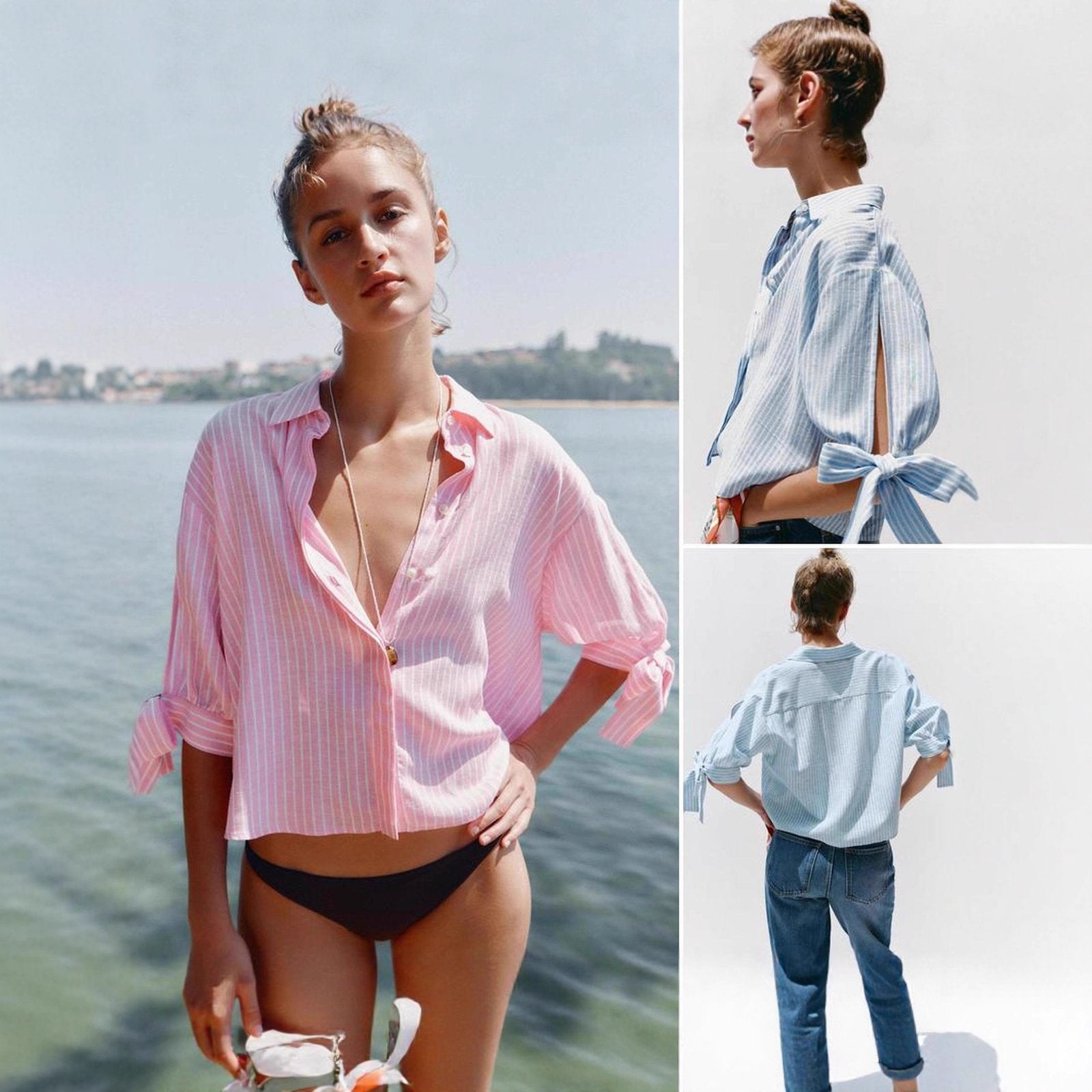 Striped Bow Tie Casual Short Sleeve Shirt for Women