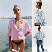 Striped Bow Tie Casual Short Sleeve Shirt for Women