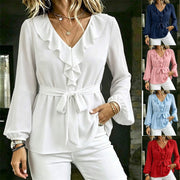 Elegant Ruffled-edge Long-sleeve Blouse for Women