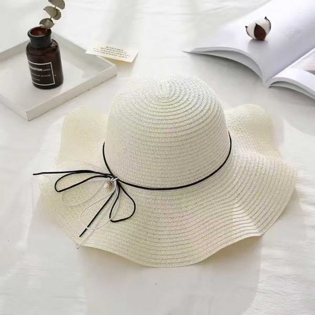 Versatile Straw Sun Hat for Women with Pearl Bow