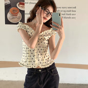 Polka Dot Off-Shoulder Blouse for Women - Slim Fit, Apricot Color