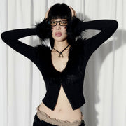 Spicy Chic Patchwork V-Neck Top with Fringed Hem