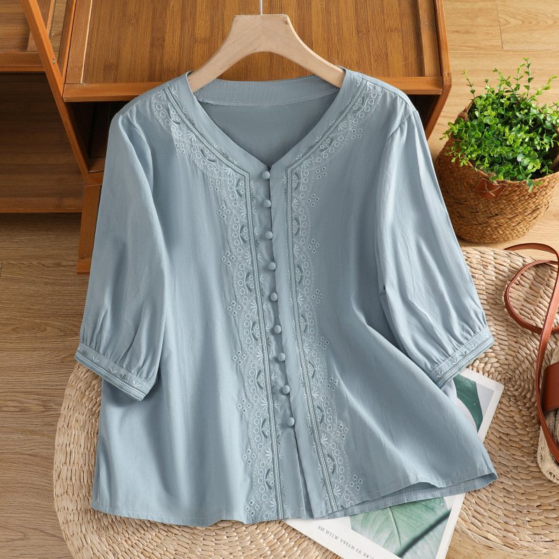 Retro V-Neck Short-Sleeve Shirt for Women