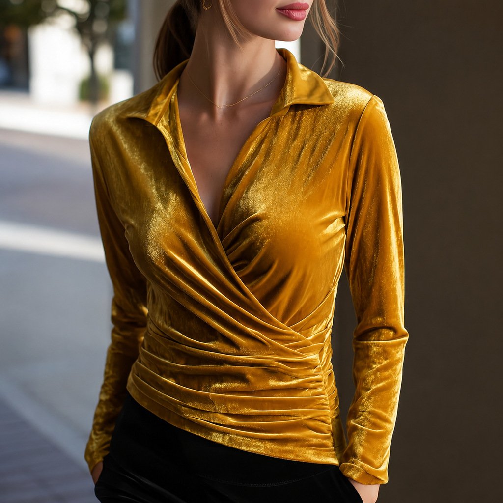 Velvet Long-Sleeve Slim-Fit Shirt for Women