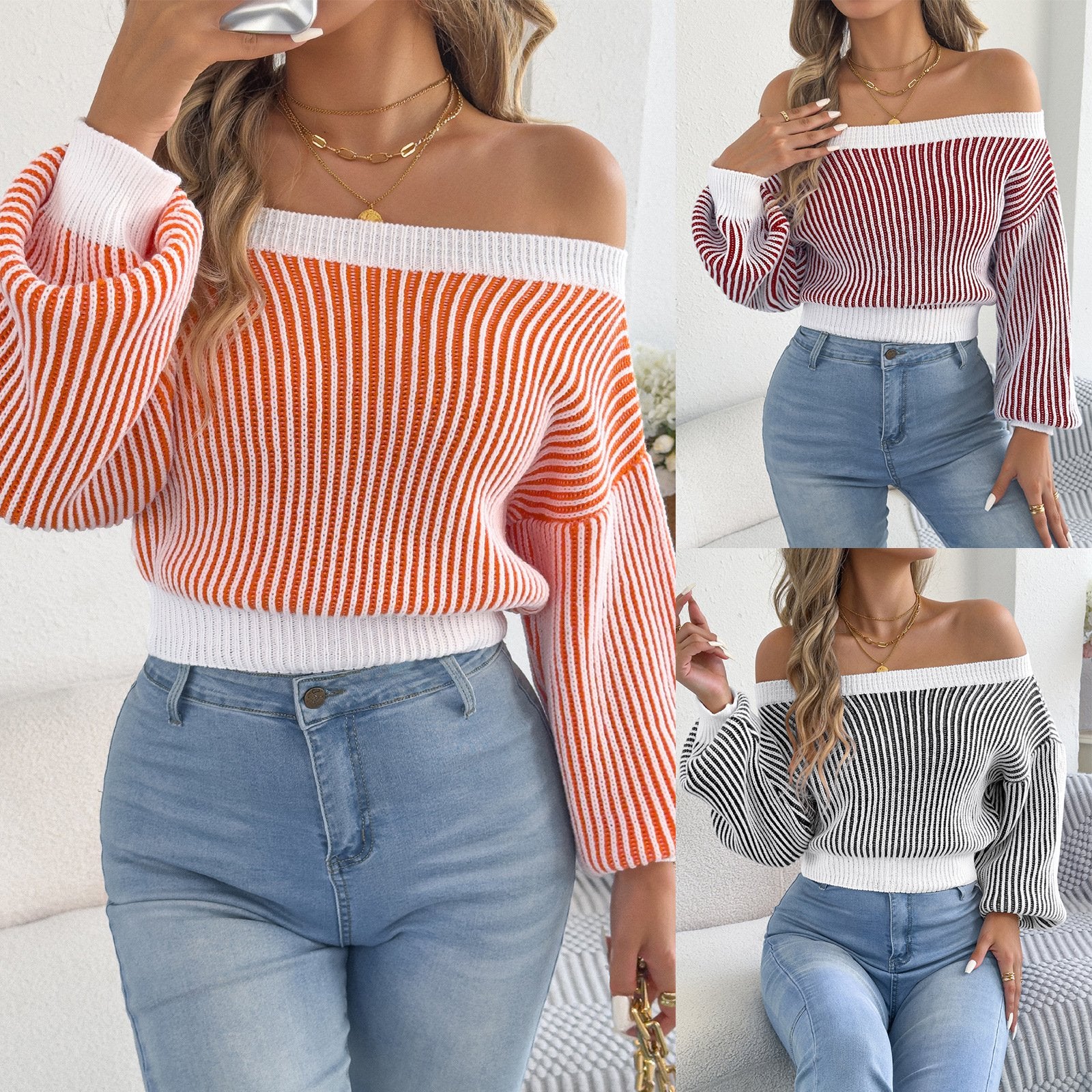 Cozy Striped Off-the-Shoulder Sweater with Puff Sleeves