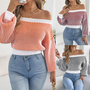 Cozy Striped Off-the-Shoulder Sweater with Puff Sleeves