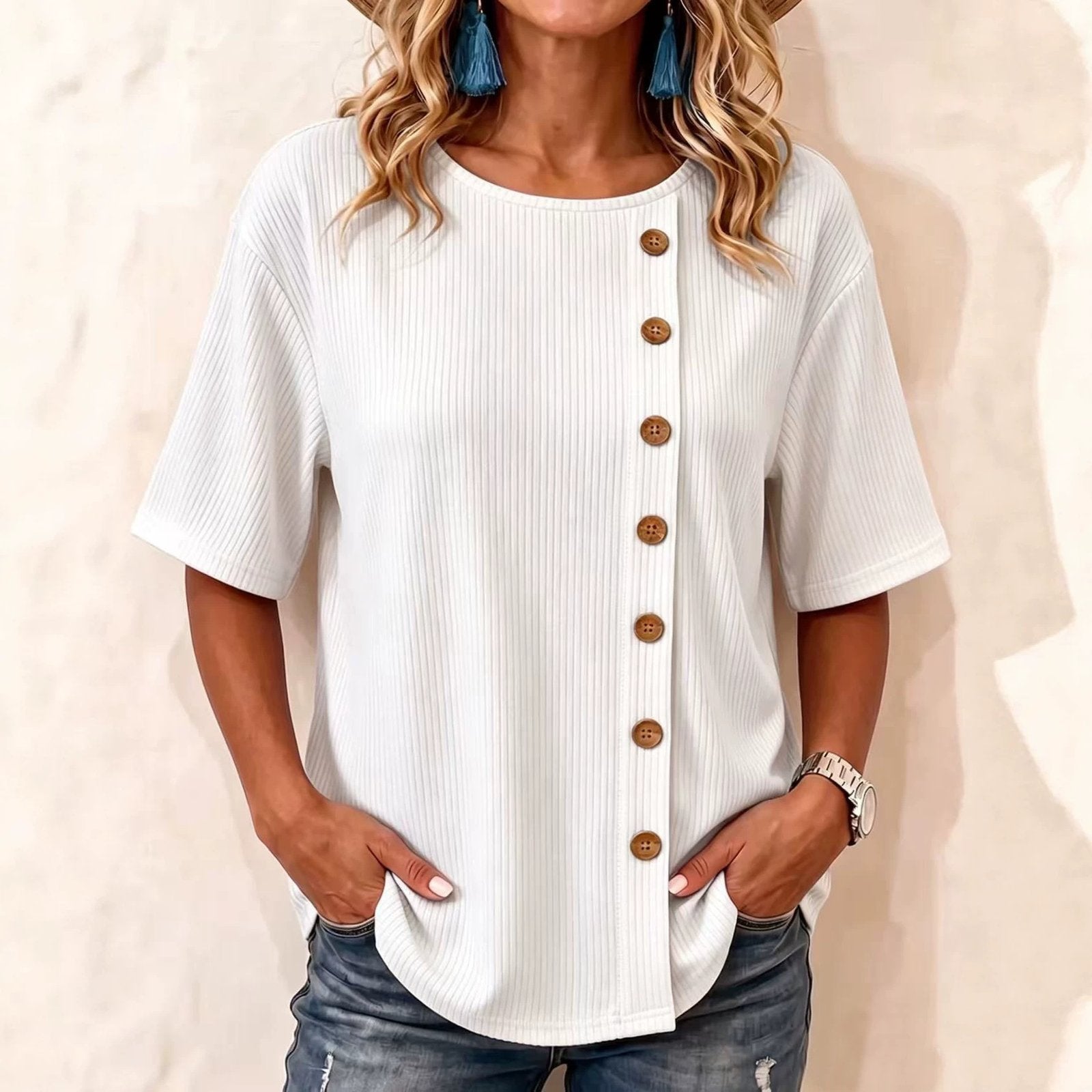 Versatile Round-Neck Casual Top with Buttons