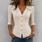 Apricot Short-Sleeve Women's Polo-Neck Cardigan Sweater