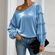 Velvet V-Neck Pullover Top with Ruffled Lantern Sleeves