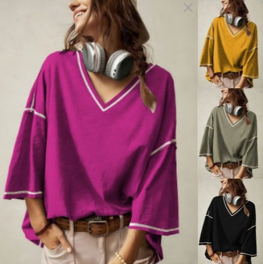 Casual V-Neck Batwing Sleeve T-Shirt