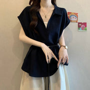 Loose Fit Plus-Size V-Neck Shirt Navy Blue & White