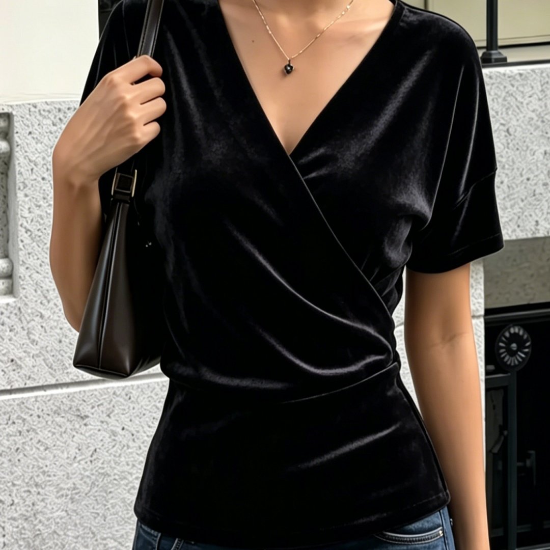 Solid Black V-Neck Short Sleeve Tee for Women