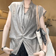 Women's V-Neck Blouse - Loose Fit, Short Sleeves, Casual Style