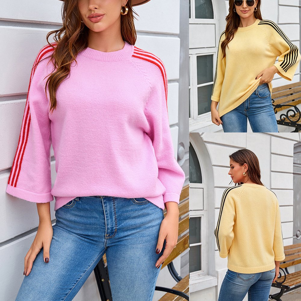 Casual Striped Sweater for Women - Breathable Patchwork Top