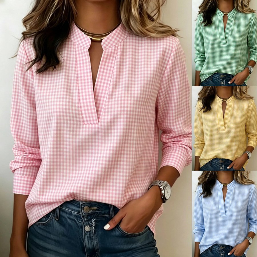 Elegant Long-sleeve Plaid Blouse for Women