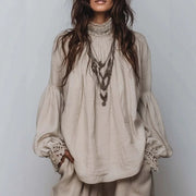 Vintage Oatmeal Lace Mock Neck Bell Sleeved Shirt for Women