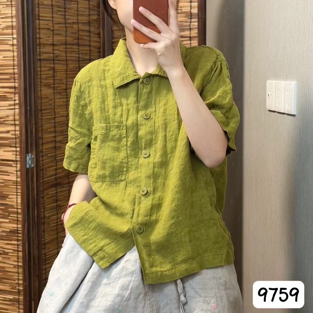 Linen Solid-color Short-sleeve Shirt for Women