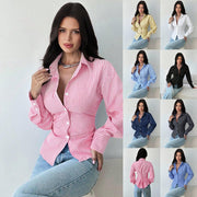 Striped Lapel Long-Sleeve V-Neck Shirt for Women