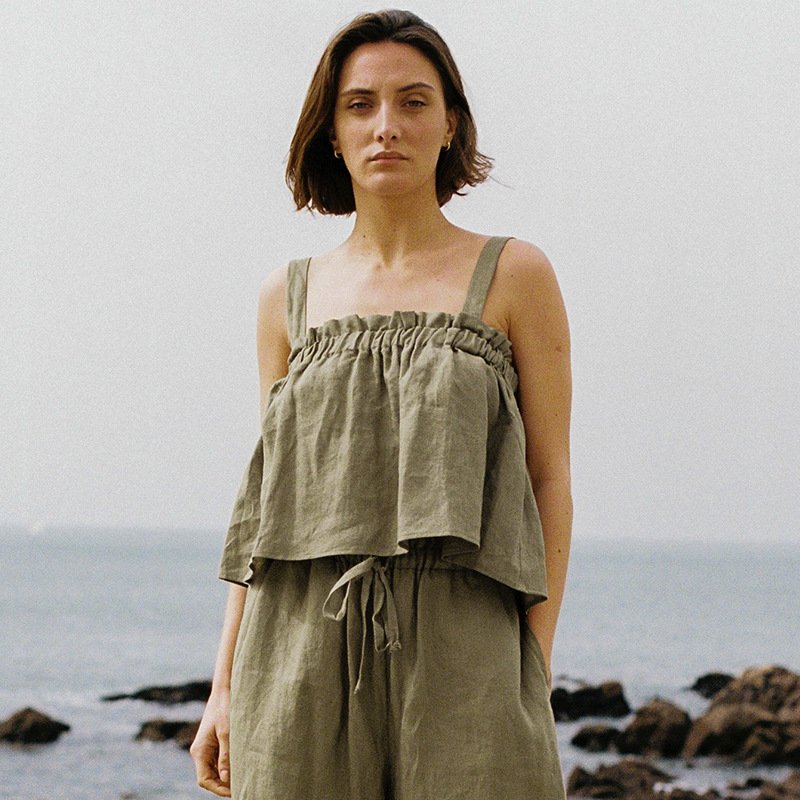 Ultra-Short Ramie Camisole for Women - Olive Green
