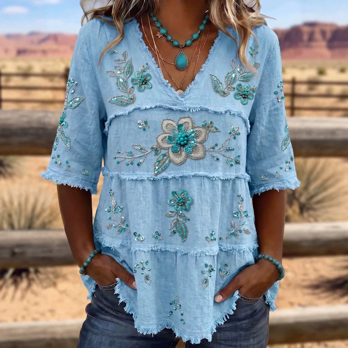 Retro-Print V-Neck Top for Women