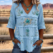Retro-Print V-Neck Top for Women