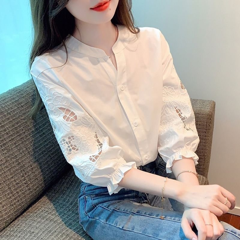 White Chiffon Blouse with Three-quarter Sleeves