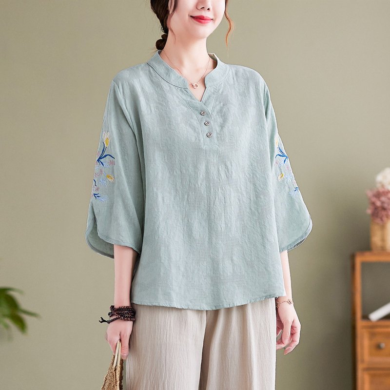 Retro Embroidered Short Sleeve Top for Women