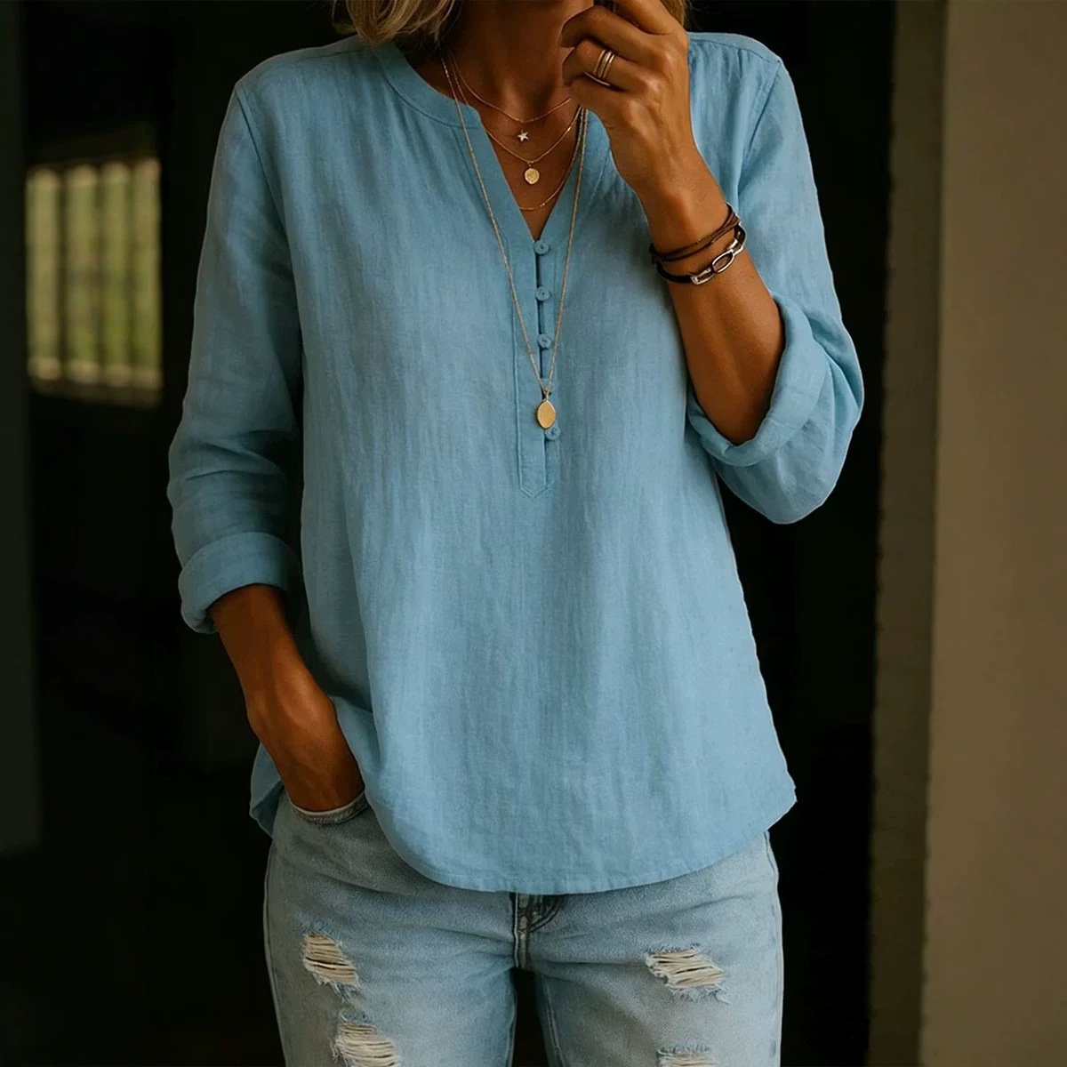Classic Long-Sleeve Button-Down Top for Women