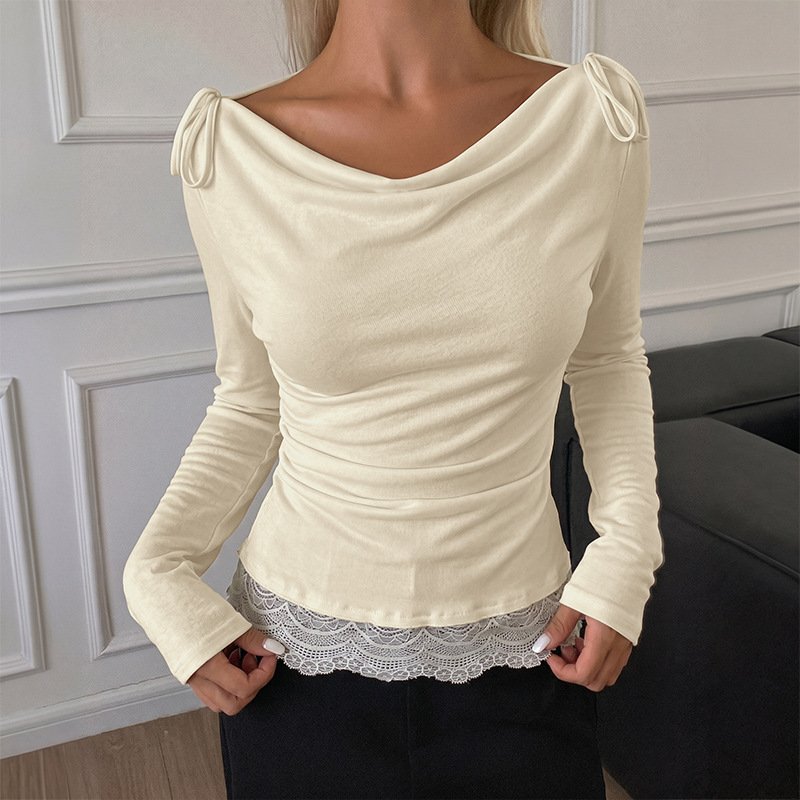 Apricot Solid Color Long Sleeve T-Shirt for Women - Slim Fit