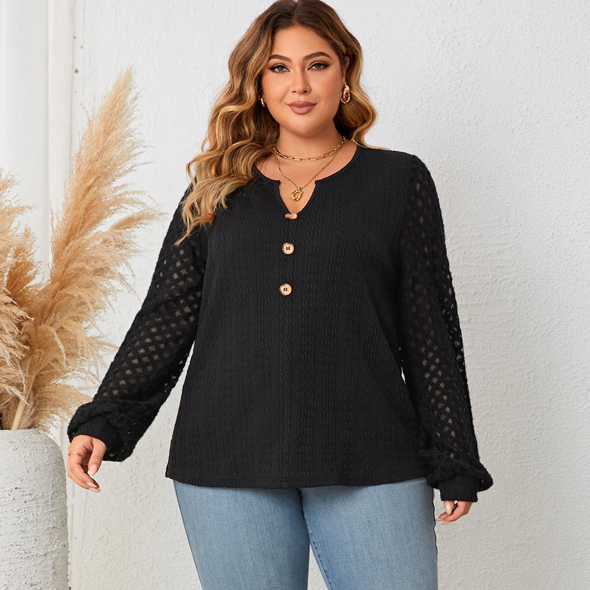 Lace Panel Long Sleeve Top for Women, XL-4XL Sizes