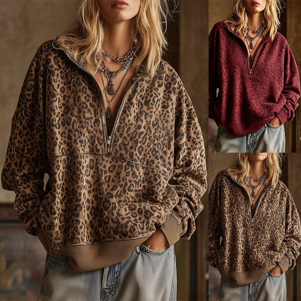 Leopard Print Oversized Hoodie for Women Zip-up