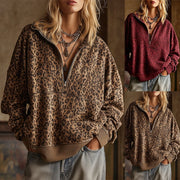 Leopard Print Oversized Hoodie for Women Zip-up