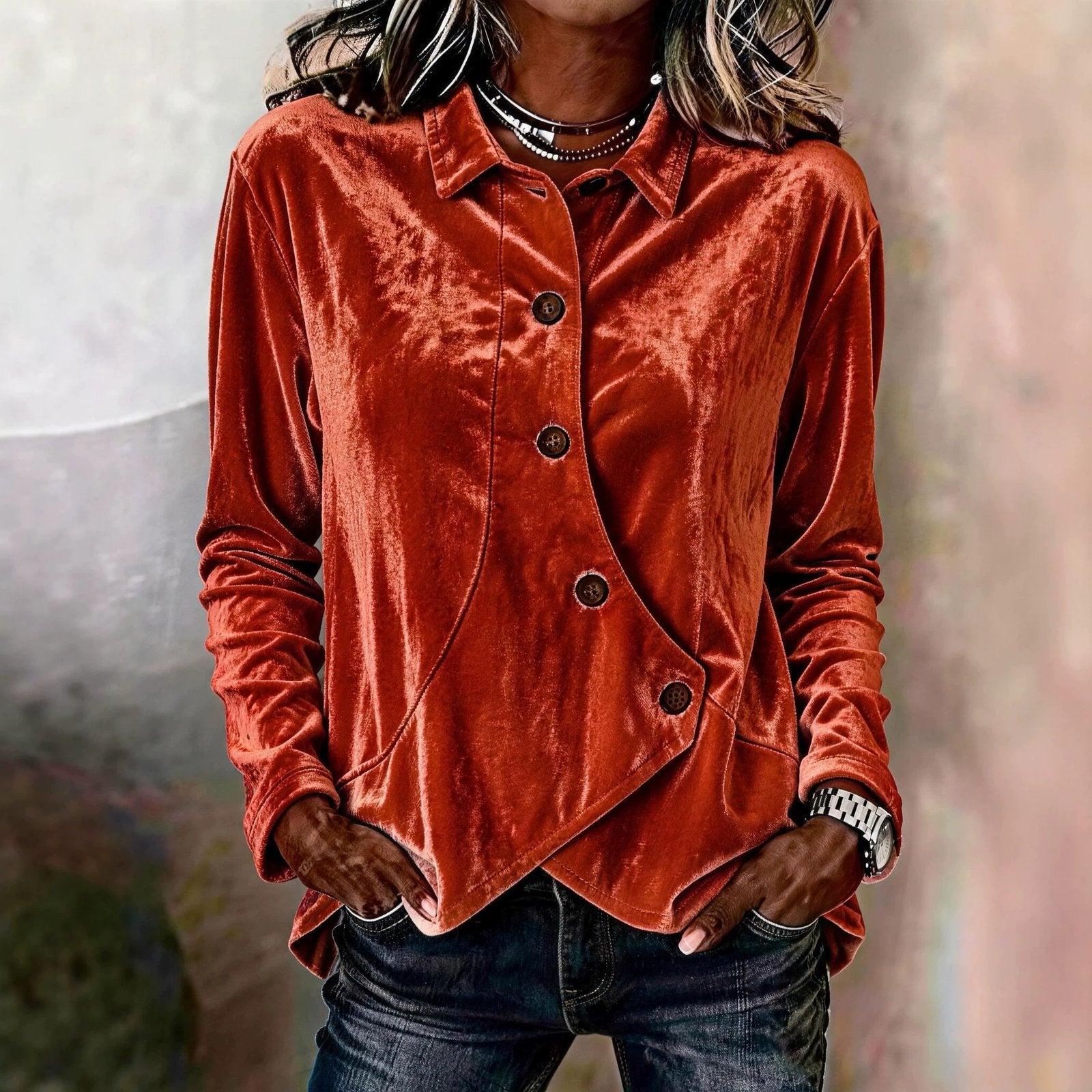 Gold Velvet Long-Sleeved Top for Women