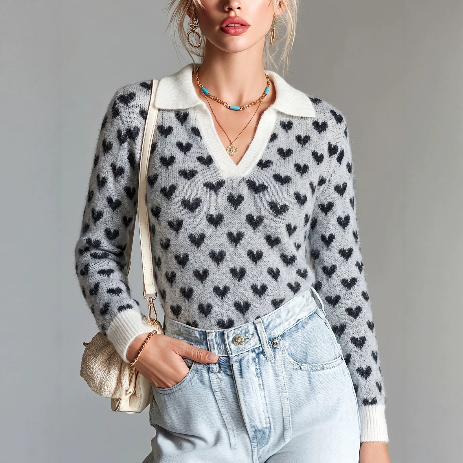 Cozy Black and White Heart Knit Sweater for Women