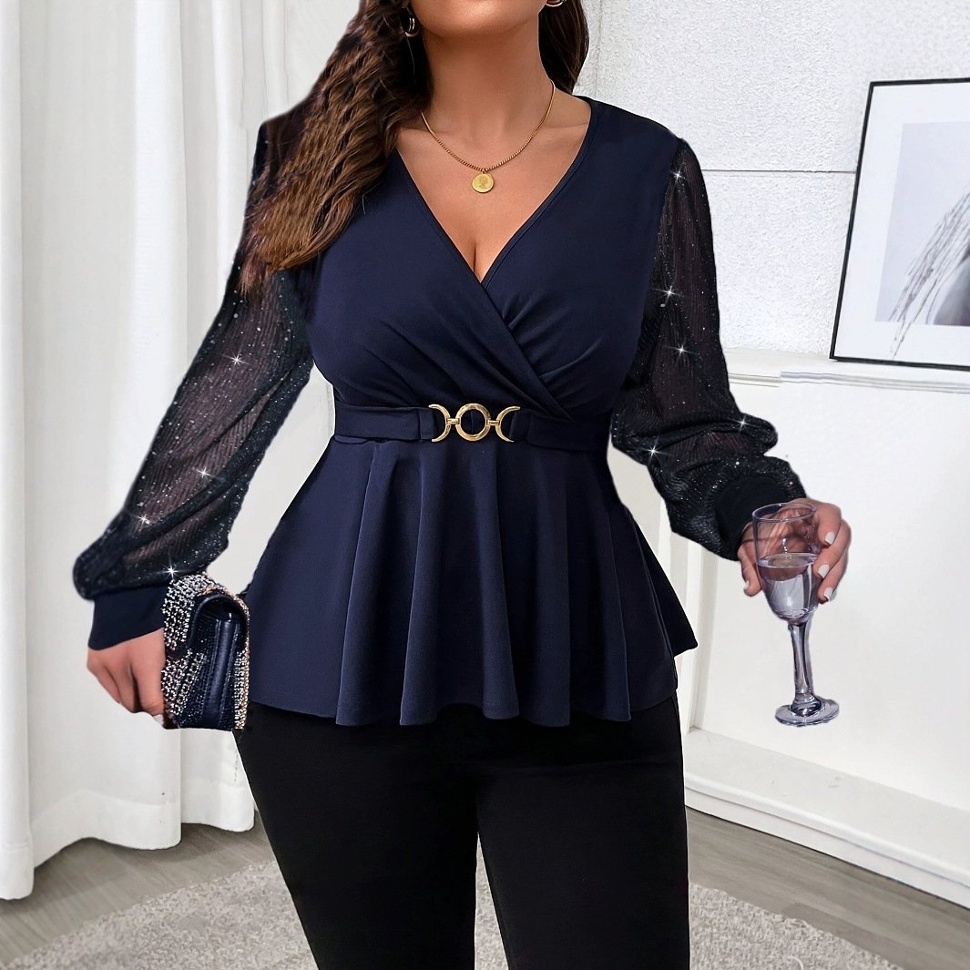 Sexy V-Neck Top with Lantern Sleeves for Women