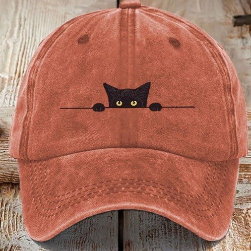 Summer Cat Print Cotton Hat with Distressed Finish