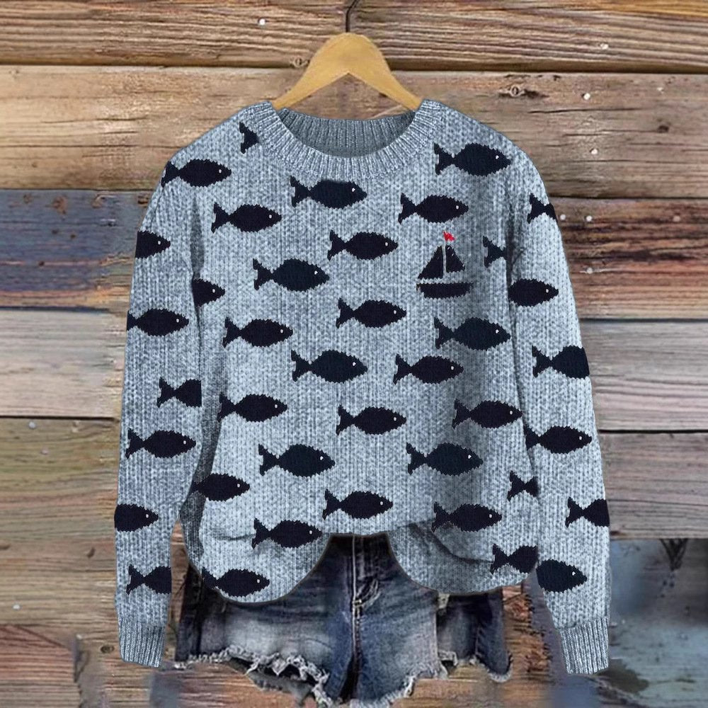 Casual Loose Button-down Round-neck Sweater for Women