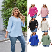 Sky Blue Flared Sleeve Blouse with Lace Trim