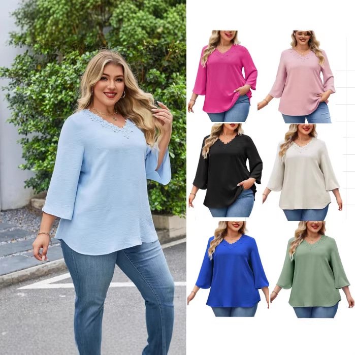 Sky Blue Flared Sleeve Blouse with Lace Trim