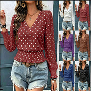 Polka Dot Long Sleeve V-Neck Top for Women