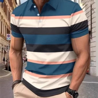 Casual Men's Short Sleeve Shirt with 3D Striped Print