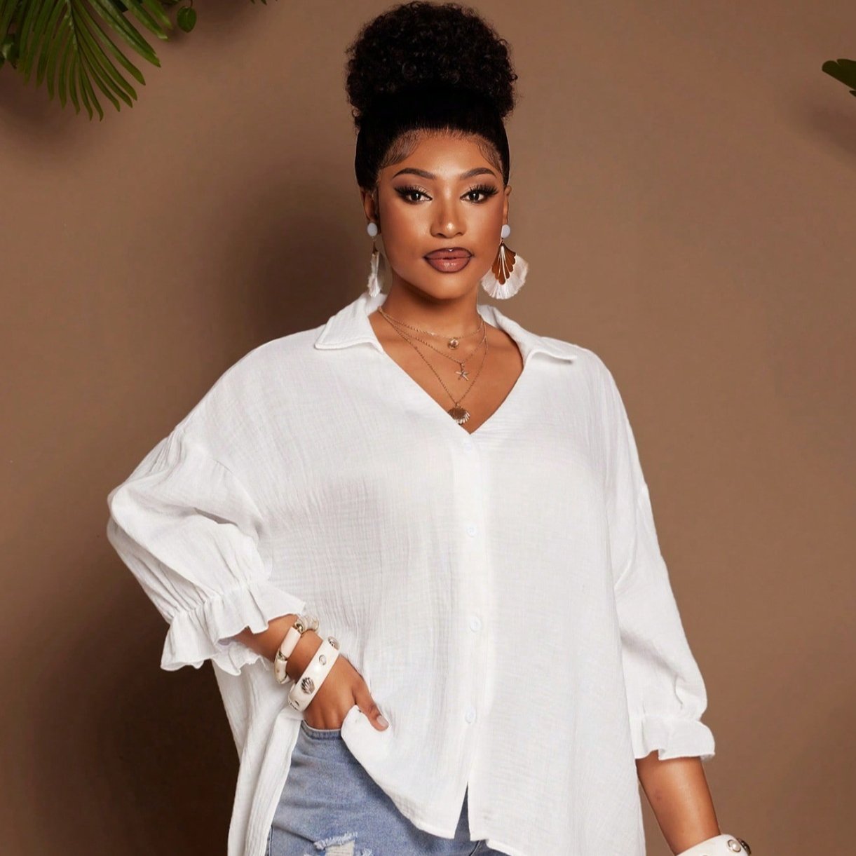 Loose Fit Plus Size Blouse with Lapel Collar