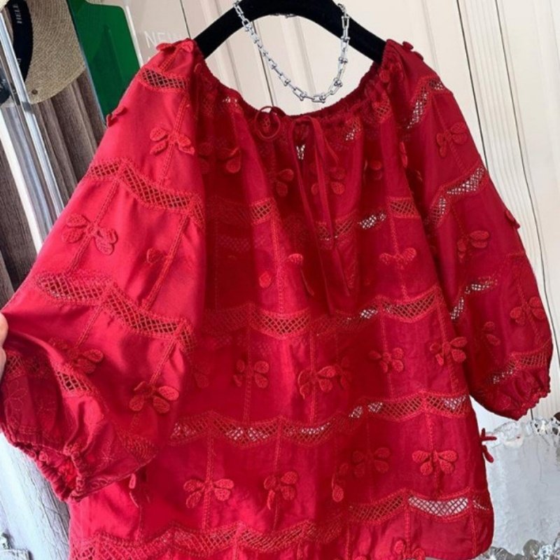 Bright Red Off-the-Shoulder Blouse with Embroidered Bow